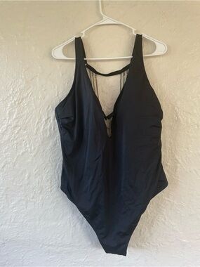 Swimsuits for All X Ashley Graham black strappy swimsuit, gold fringe detail; 22